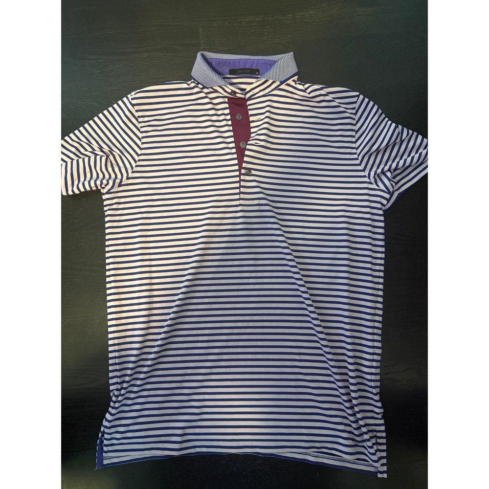 Greyson Clothiers Mens Striped Golf Polo Shirt Purple Blue White Size M